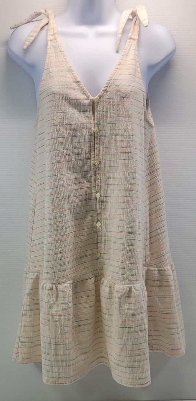 M8) Loft Woman Bow-Strap Button Flounce Coverup Sun Dress Cream Rainbow XSP